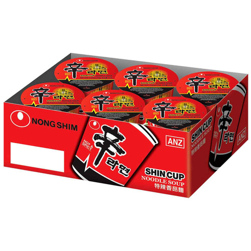 Nongshim Shin Cup Noodle Soup Hot Gourmet Spicy Flavour Meal - Pack of 6 x 68g