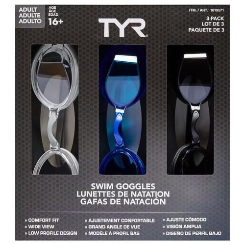 TYR Adult Swim Goggles 16+Age Anti-Fog UV Protect Swimming Adjustable 3 Pcs Pack