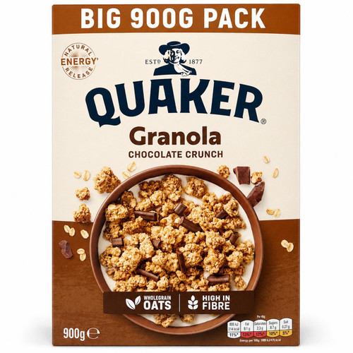 Quaker Chocolate Crunch Wholegrain Oat Granola High Fibre Breakfast Cereal 900g