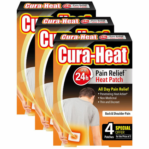 Cura-Heat Pain Relief Patch Pads Back Muscle Strain Stiffness Pack 3 x 4 Patches