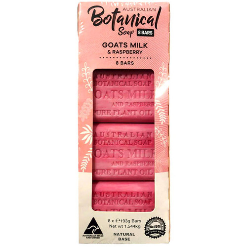 Australian Botanical Goats Milk with Raspberry Natural Soap Bars Pack 8 x 193g