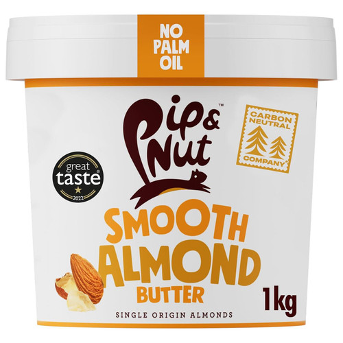 Pip & Nut Smooth Almond Butter Natural Nuttiness and Paste Spread Pack Tub 1kg
