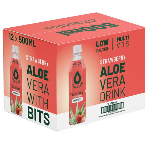 Simplee Aloe Vera Drink Juice Strawberry With Bits Plups Immunity Pack 12x500ml