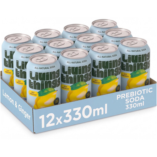 Living Things Lemon & Ginger Prebiotic Soda Low Sugar Natural Cans Pack 12x330ml