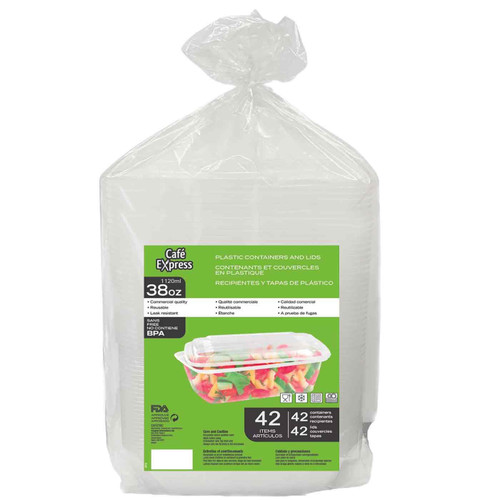Cafe Express 38oz Heavy Duty Food Containers Multi-Use Storage Tubs Lids 42 Pack