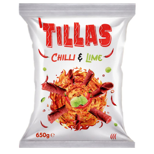Tillas Chilli & Lime Crunchy Rolled Corn Chips Zesty Heat Tangy Crisps Pack 650g