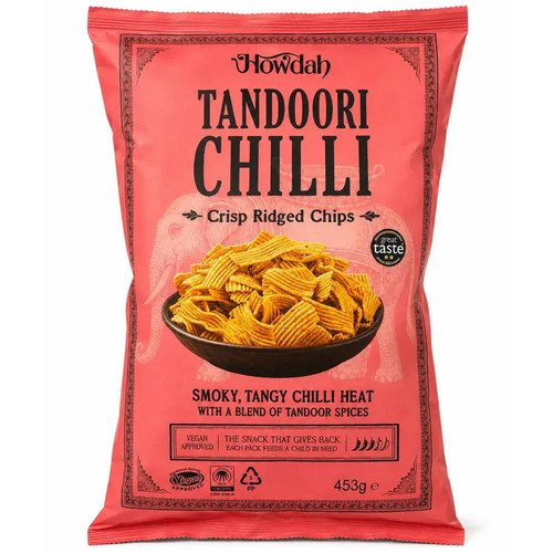 Howdah Tandoori Chilli Crisp Ridged Chips Ancient Grain Vegan Snacks Pack 453g
