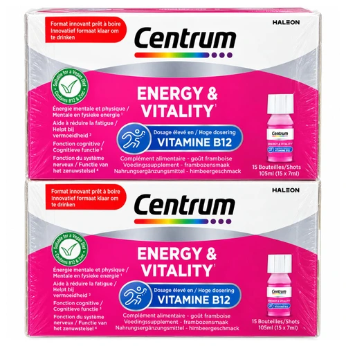 Centrum Energy & Vitality Vitamin B12 Liquid Shots Raspberry Vegan Pack 2x15x7ml