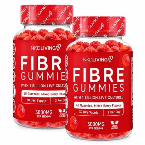 NKD Living Fibre Gummies 5000mg Probiotic Vegan Mixed Berry Pack 2 x 60 Gummies