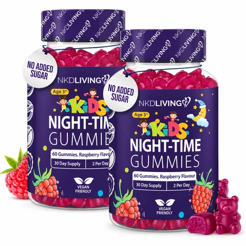 NKD Living Kids Night-Time Gummies Raspberry Vegan No Added Sugar Pack 2x60 Pcs