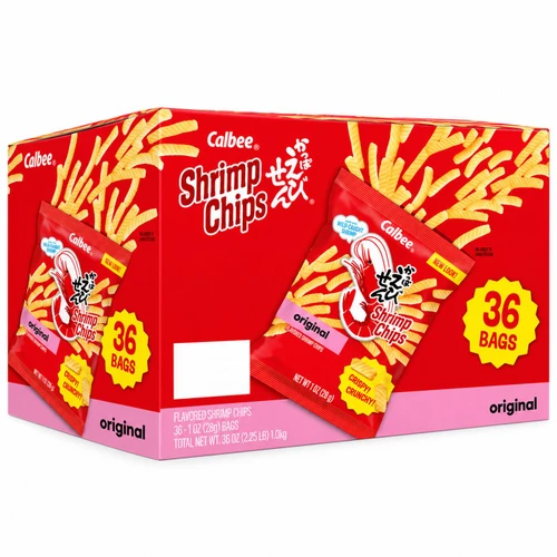 Calbee Shrimp Chips Original Baked Wild-Caught Shrimp Snack Crisps Bags 36 x 28g