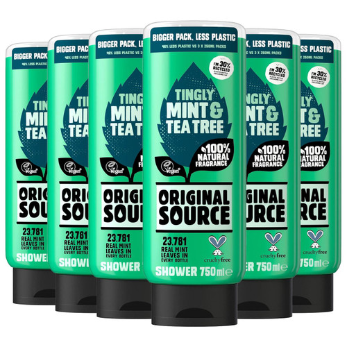 Original Source Mint & Tea Tree Shower Gel Vegan Natural Fragrance Pack 6x750ml