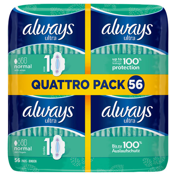 Always Ultra Normal Size1 Sanitary Towel Wings Absorbent Protection Pack 56 Pads