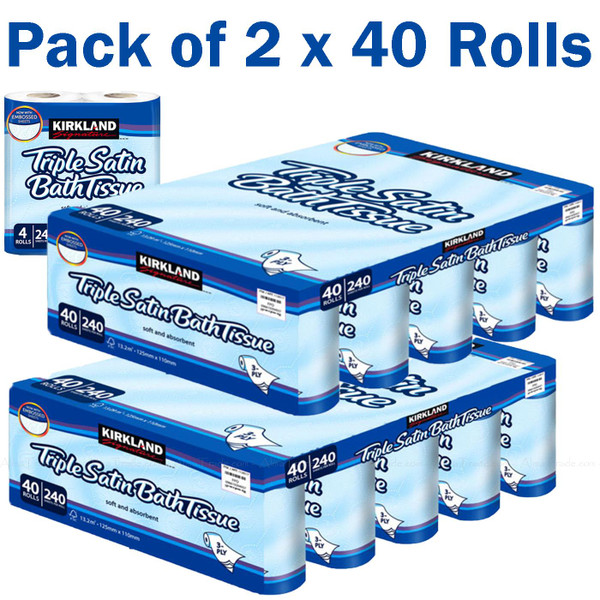 Kirkland Signature Triple Satin Tissue Toilet Paper Soft Absorbent Pack 80 Rolls