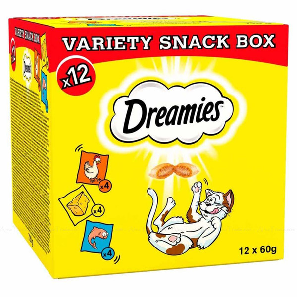 Dreamies Variety Snack Box Cat Chicken Cheese Fish Flavoured Treat Pack 12 x 60g