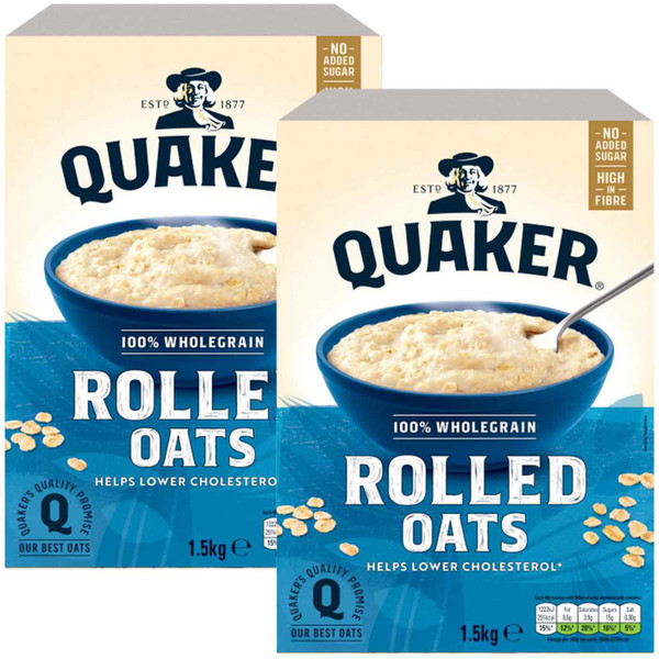 Quaker Rolled Oats Wholegrain Porridge Breakfast Cereal No Sugar Pack 2 x 1.5kg