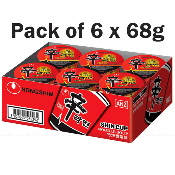 Nongshim Shin Cup Noodle Soup Hot Gourmet Spicy Flavour Meal - Pack of 6 x 68g