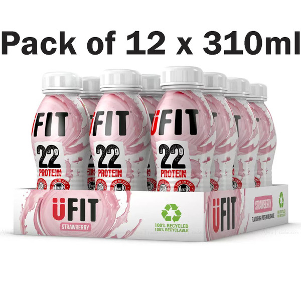 UFIT Strawberry 22g Essential Protein Shake Drink No Added Sugar Pack 12 x 310ml