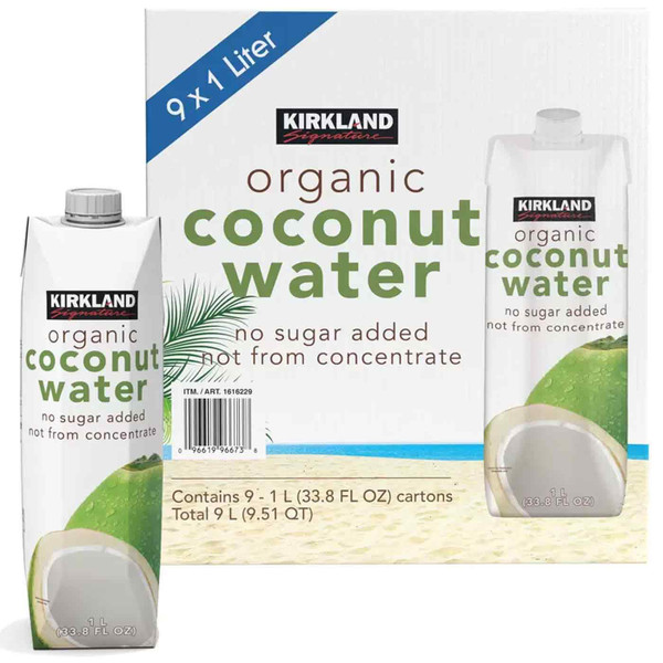 Kirkland Signature Organic Coconut Water Palm Tree No Sugar Carton Pack 9x1Litre