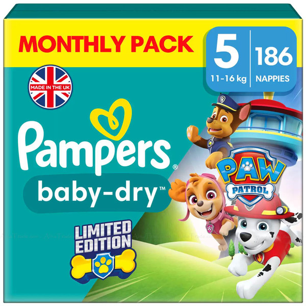 Pampers Paw Patrol Baby Dry Size 5 Nappy 11-16kg Saving Monthly Pack 186 Nappies