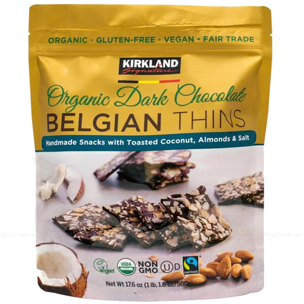 Kirkland Signature Organic Dark Chocolate Belgian Thins Coconut&Almond Pack 500g