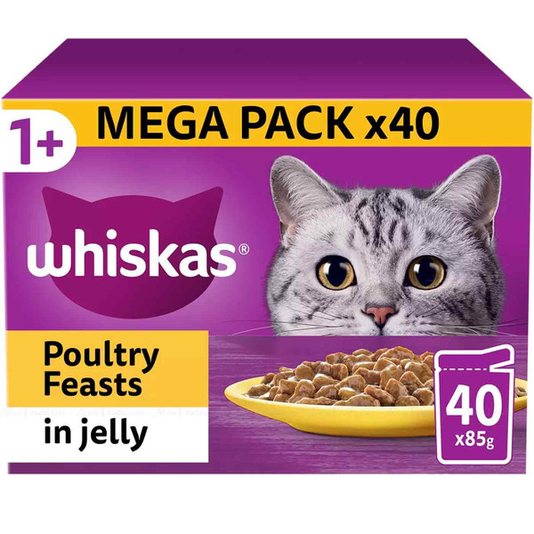 Whiskas Poultry Cat Food Feast in Jelly Pouches 1+ Mix Flavour Pack 40 x 85g
