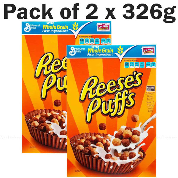 General Mills Reeses Puffs Breakfast Hershey Cocoa Wholegrain Cereal Pack 2x326g