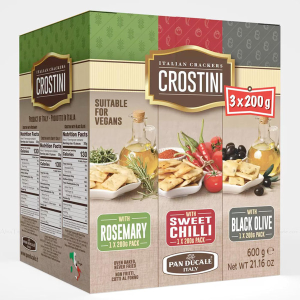 Italian Crostini Crackers Variety Rosemary Sweet Chilli Black Olive Pack 3x200g