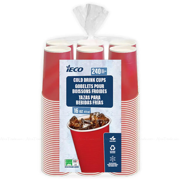 iECO Compostable Paper Red Cold Drink Cup 16oz Party Event Eco Pack 240 x 473ml