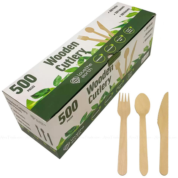 Love The Earth Wooden Spoons Knives Forks Bio Eco Wood Cutlery Set Pack 500 Pcs