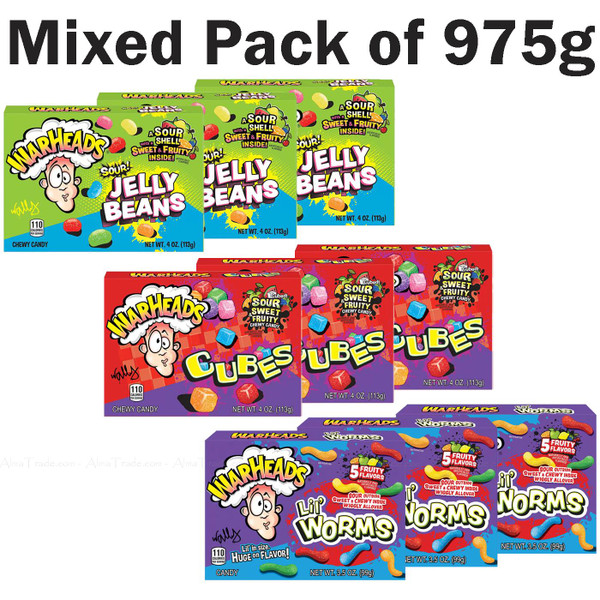 World of Sweets Warheads Jelly Beans Cubes Lil Worms Candy Sour Mixed Pack 975g