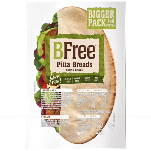 BFree Stone Baked Pitta Bread Wheat Dairy Gluten Free Kosher Vegan Pack 2x8 Pcs