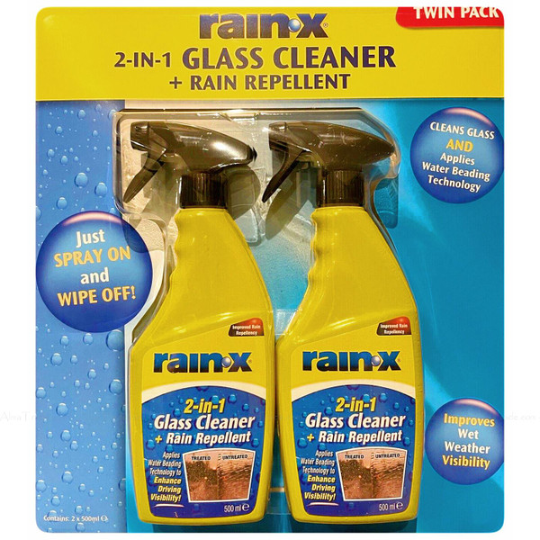 Rain X 2in1Glass Cleaner Rain Repellent Car Windscreen Visibility Pack 2 x 500ml