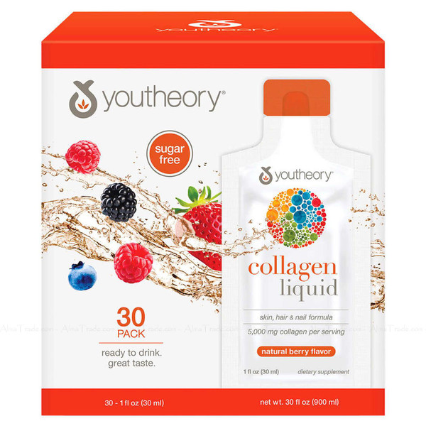 Youtheory Collagen Liquid Berry Flavour Formula Support Hair Nail Skin 30 Tubes