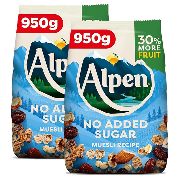 Alpen No Added Sugar Muesli Swiss Style Oat Wheat Breakfast Recipe Pack 2x950g