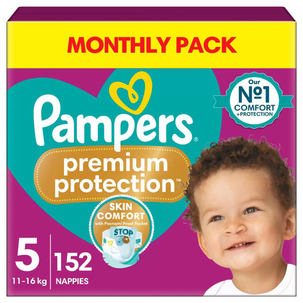 Pampers Baby Size5 Nappy 11-16Kg Premium Protection Soft Monthly Pack 152Nappies Pampers Baby Size5 Nappy 11-16Kg Premium Protection Soft Monthly Pack 152Nappies
