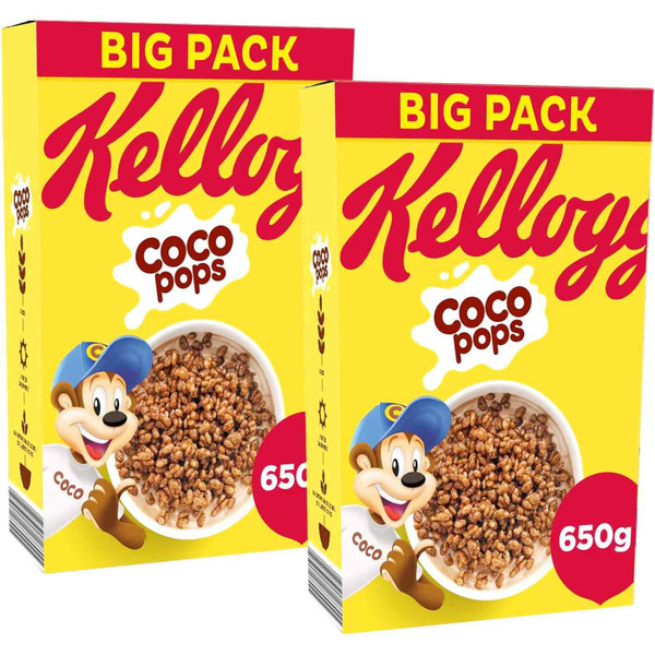 Kellogg's Coco Pops Chocolate Flavour Tasty Crunchy Breakfast Cereal Pack 2x650g