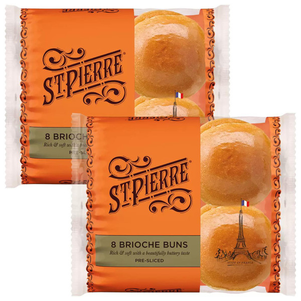 St Pierre Brioche Soft Bread Buttery Taste Pri-Sliced Burger Buns Pack 2 x 8 Pcs
