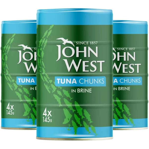 John West Tuna Chunks in Brine Tins Traceable Quality Fish Cans UK Pack 12x145g