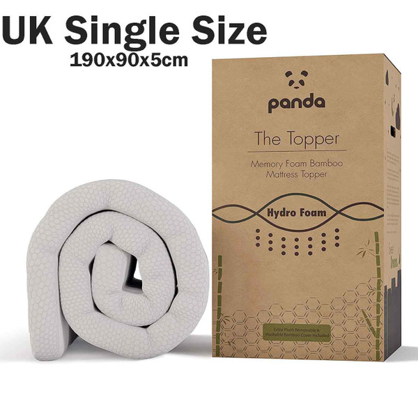 Panda Memory Foam Bamboo Mattress Topper Hydro Foam UK Single Bed Size 190x90m