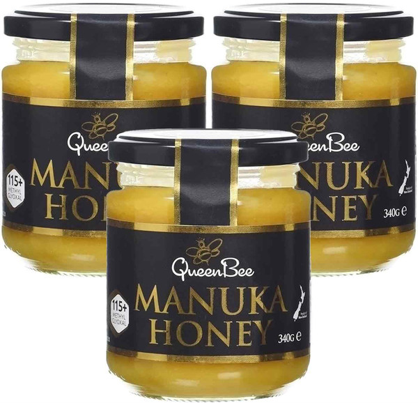 Queen Bee New Zealand Manuka Honey MG115+ Methylglyoxal Sealed Jar Pack 3 x 340g