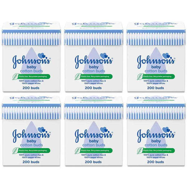 Johnson's Baby Pure Cotton Tips Gentle Clean Paper Sticks Soft Pack 6 x 200 Buds