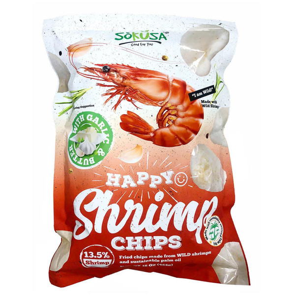 Sokusa Garlic Butter Happy Shrimp Fried Chips Wild Shrimps Crisp Snack Pack 454g