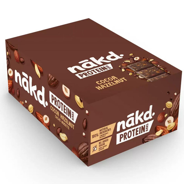 Nakd Protein Cocoa Hazelnut Natural Healthy Snack Bar No Added Sugar Pack 16x45g