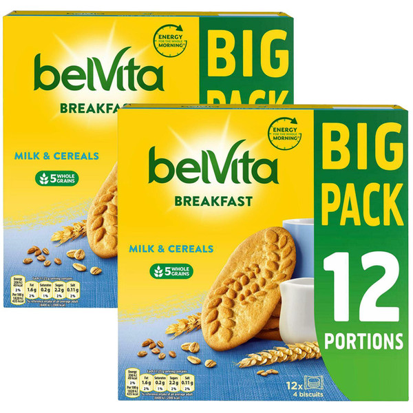 BelVita Breakfast Milk & Cereals Wholegrain 4 Biscuit Bars Per Pack 2 x 12 x 45g