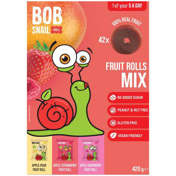 Bob Snail Fruit Rolls Mix Real Juice Lunchbox Sweet Snack Flavour Bags Pack 420g