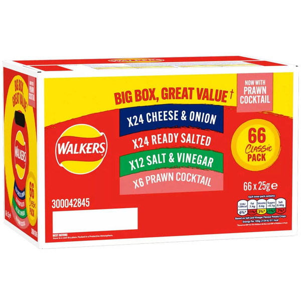 Walkers Crisps Mix Variety Classic Salt Cheese Onion Vinegar Prawn Chip 66 x 25g