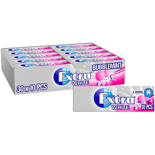 Wrigleys Extra White Bubblemint Chewing Gum Sugar Free 10 Per Packet Pack 30x14g