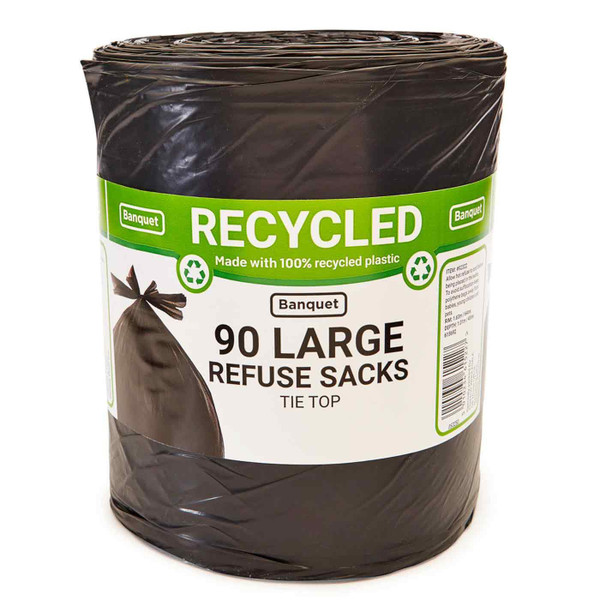 Banquet Recycled 90 Black Strong Tie Top Large Refuse Sacks Kitchen Plastic Bags