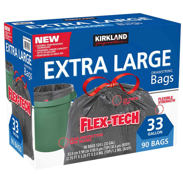 Kirkland Signature Flex-Tech Drawstring Kitchen XL Trash Rubbish Bin 90Bags Pack